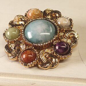 Vintage Celtic Knot Style and Multi Color Stones Gold Tone Brooch Pin